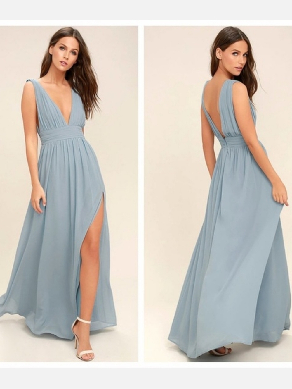 Lulu's Heavwnly Hues Dusty Blue Plunging V-Neck Chiffon Maxi Dress